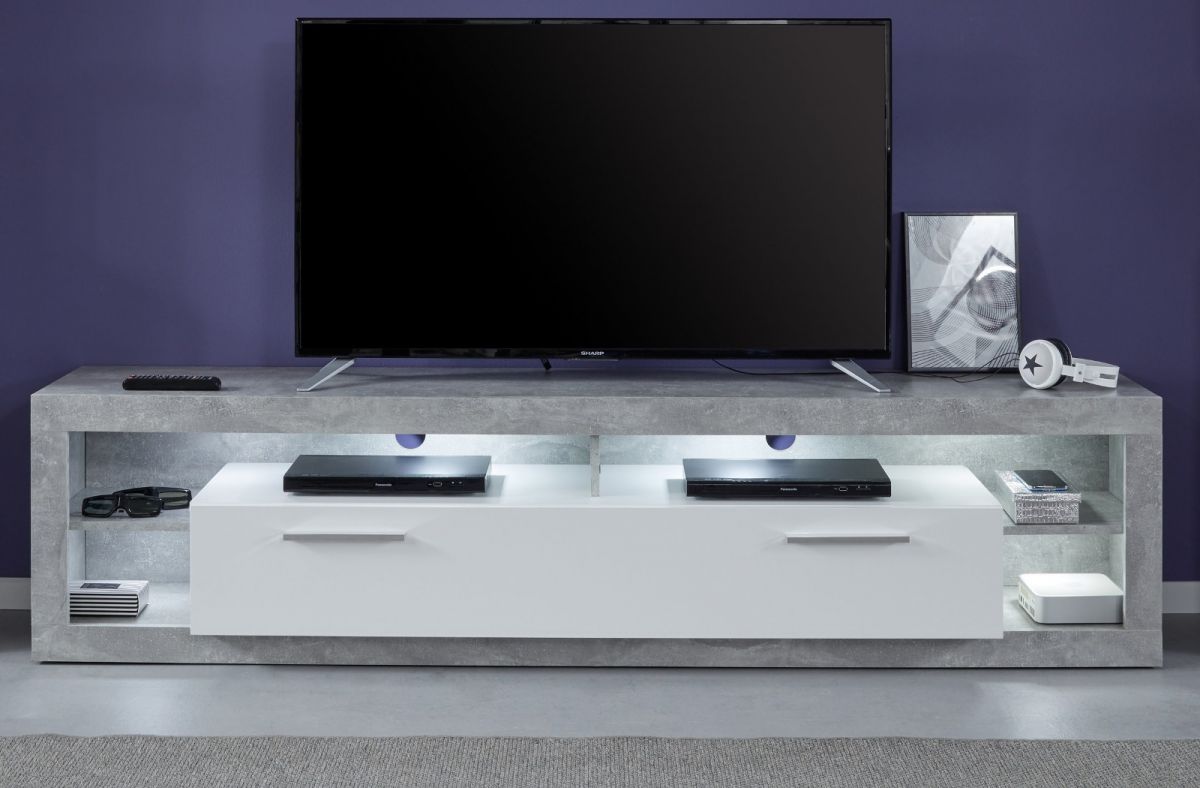 TV-Lowboard Rock in weiss Hochglanz und Stone Design grau Fernsehtisch Breite 200 cm