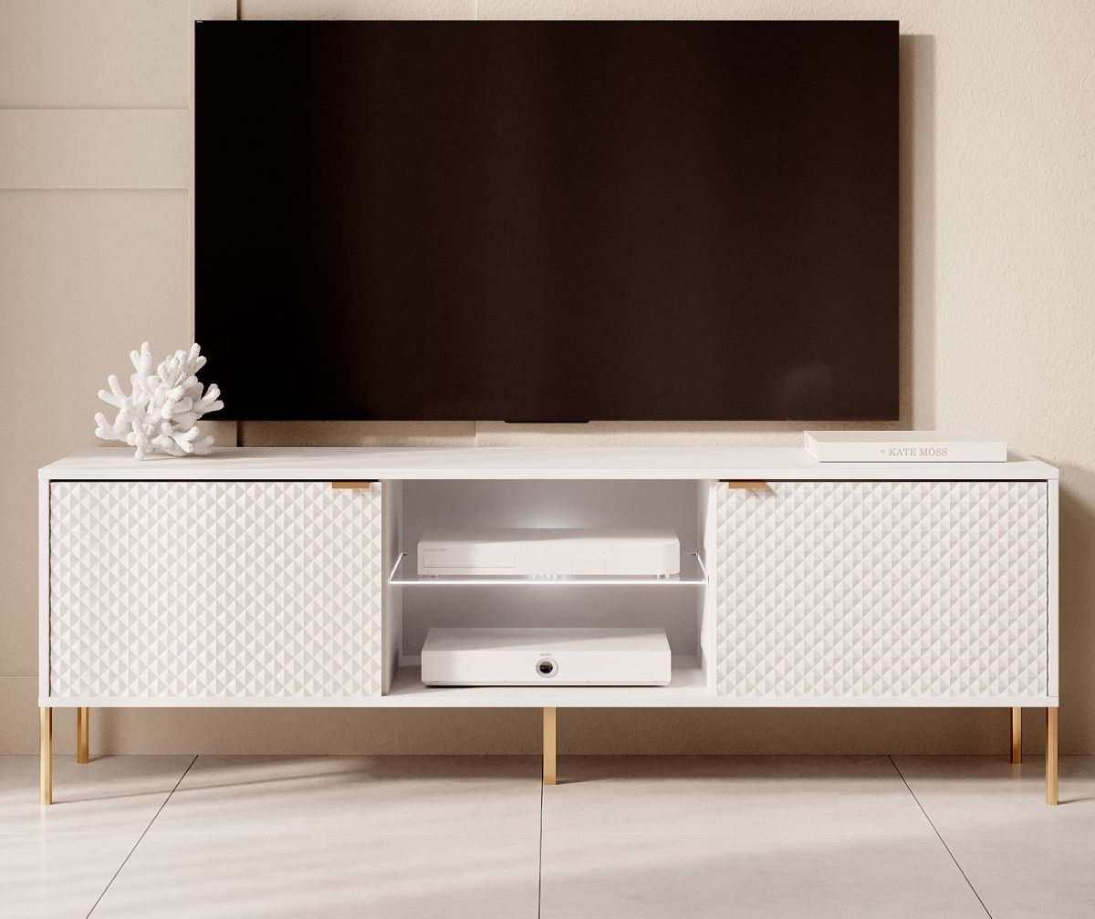 TV-Lowboard Rubin in weiss Glanz mit 3-D Struktur TV Unterteil mit Soft-Close und LED 153 x 54 cm
