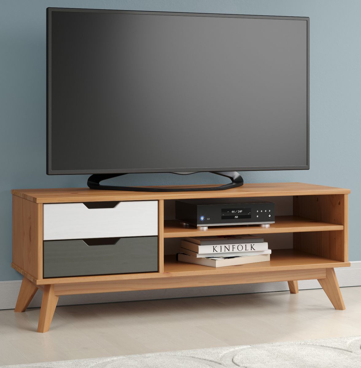 TV-Lowboard Scandik in Massivholz Kiefer honigfarben lackiert mit weiss und grau TV Unterteil 110 x 42 cm
