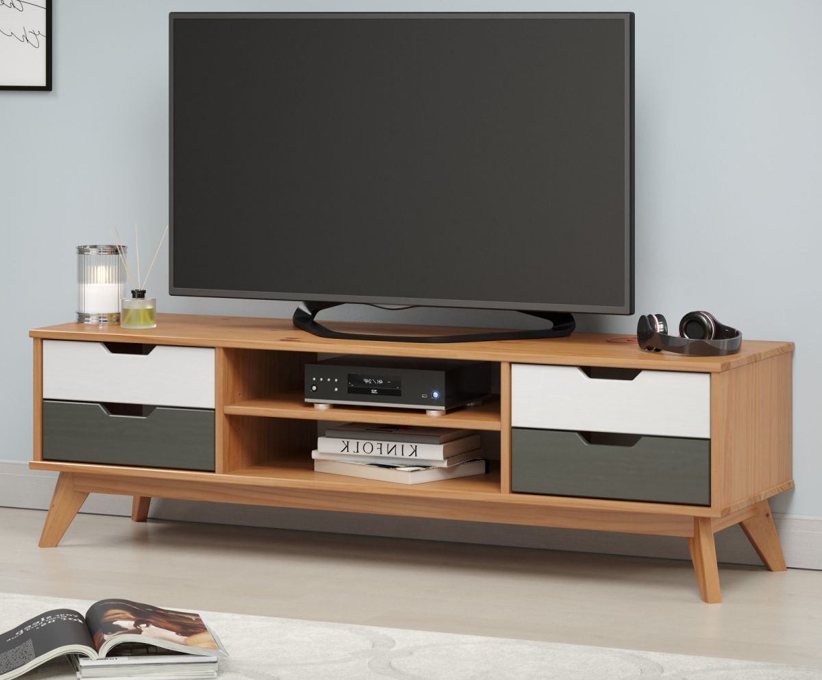 TV-Lowboard Scandik in Massivholz Kiefer honigfarben lackiert mit weiss und grau TV Unterteil 140 x 42 cm