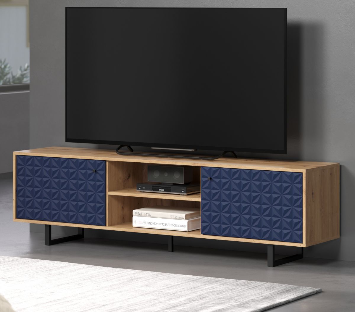TV-Lowboard Sentra in blau matt mit 3-D Struktur und Eiche Artisan TV-Unterteil 184 cm