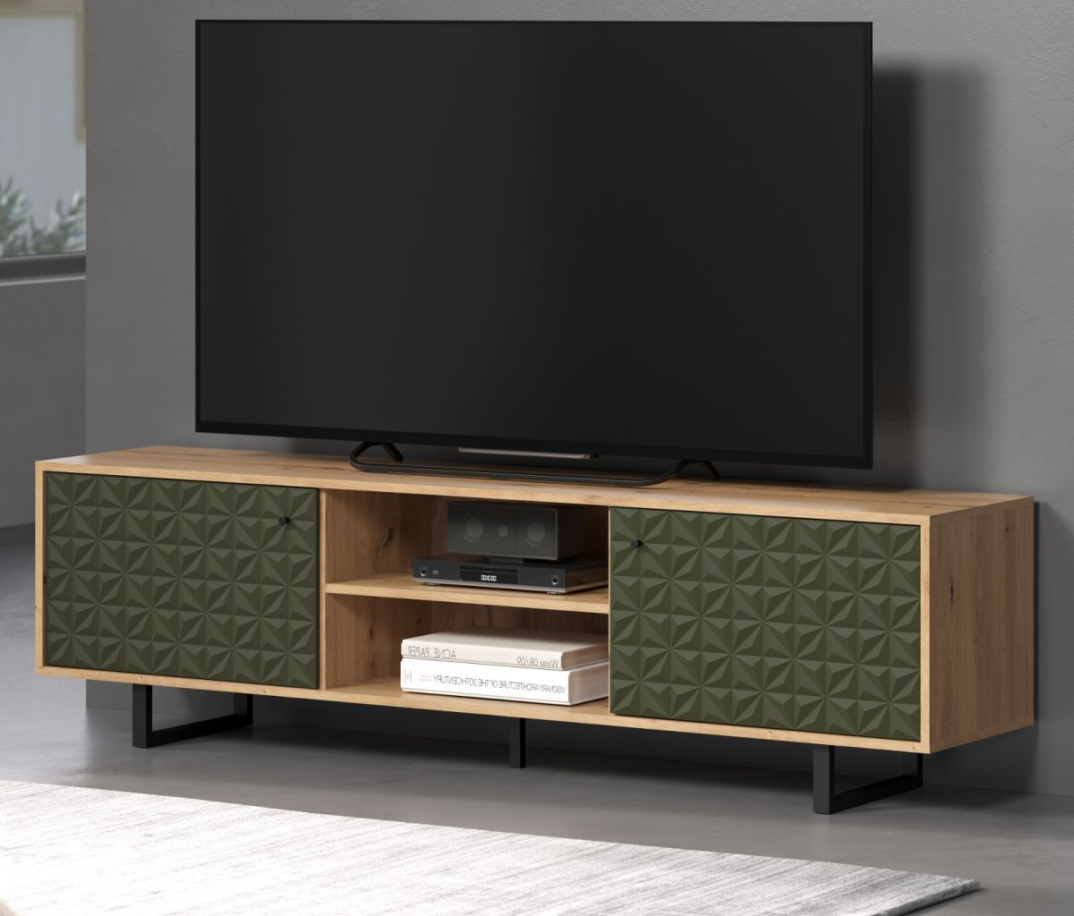 TV-Lowboard Sentra in grün matt mit 3-D Struktur und Eiche Artisan TV-Unterteil 184 cm