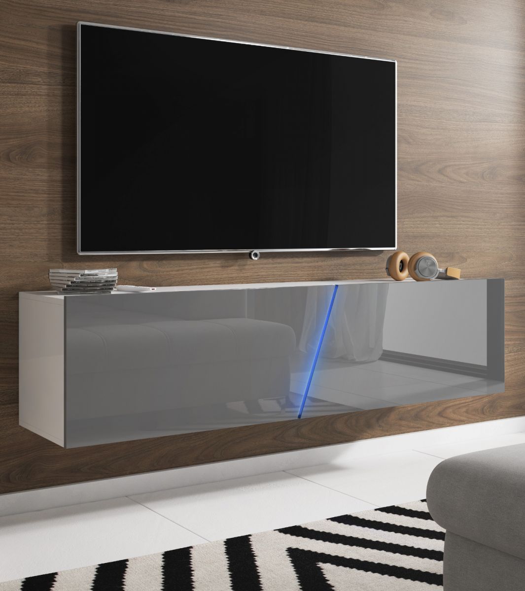 TV Lowboard Space in grau Hochglanz Lack TV Unterteil hängend - stehend 160 cm mit LED
