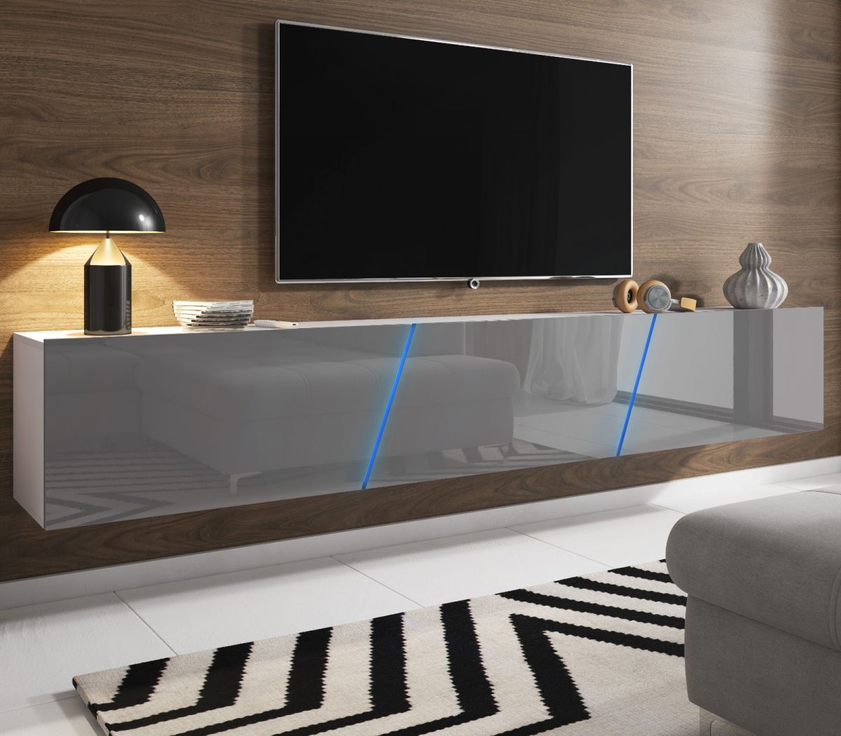 TV Lowboard Space in grau Hochglanz Lack TV Unterteil hängend - stehend XXL-Board 240 cm mit LED unter Wohnzimmer > TV-Möbel und Medienmöbel > TV Lowboard hängend
