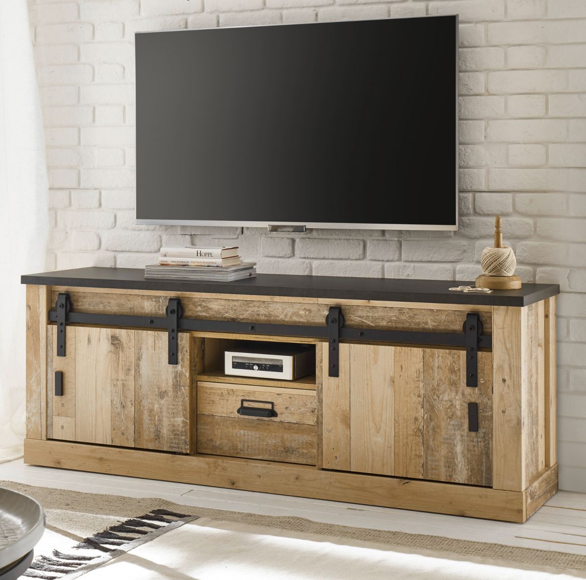 TV-Lowboard Stove in Used Wood hell und anthrazit TV Unterteil in Komforthöhe 162 x 61 cm