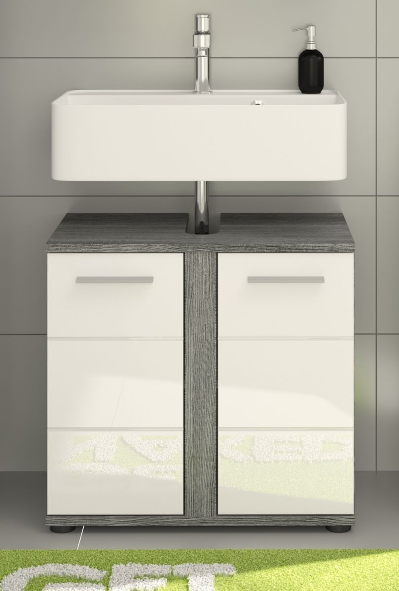 Waschbeckenunterschrank Blake in weiss Hochglanz und Rauchsilber grau Badezimmer Unterschrank 60 cm