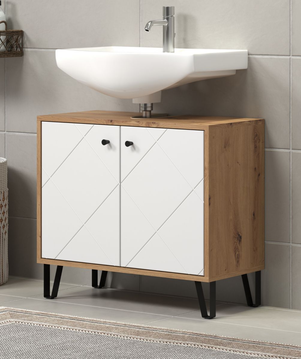Waschbeckenunterschrank Touch in weiss matt Lack und Artisan Eiche Badschrank 69 x 61 cm