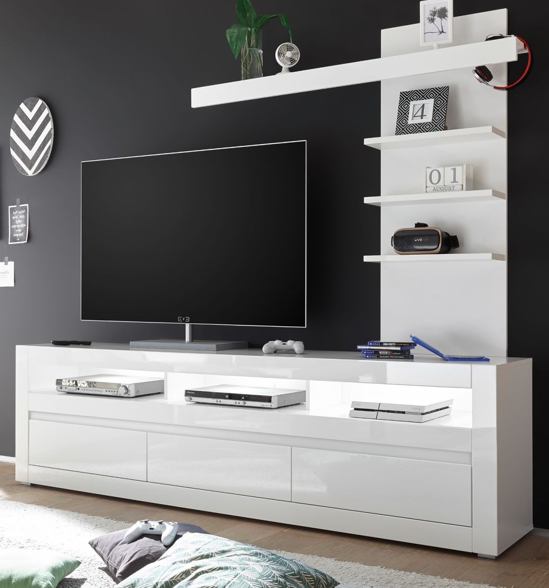 Wohnwand 2-tlg- Nobile in Hochglanz weiss und Stone Design grau TV-Lowboard und Wandregal 217 x 163 cm